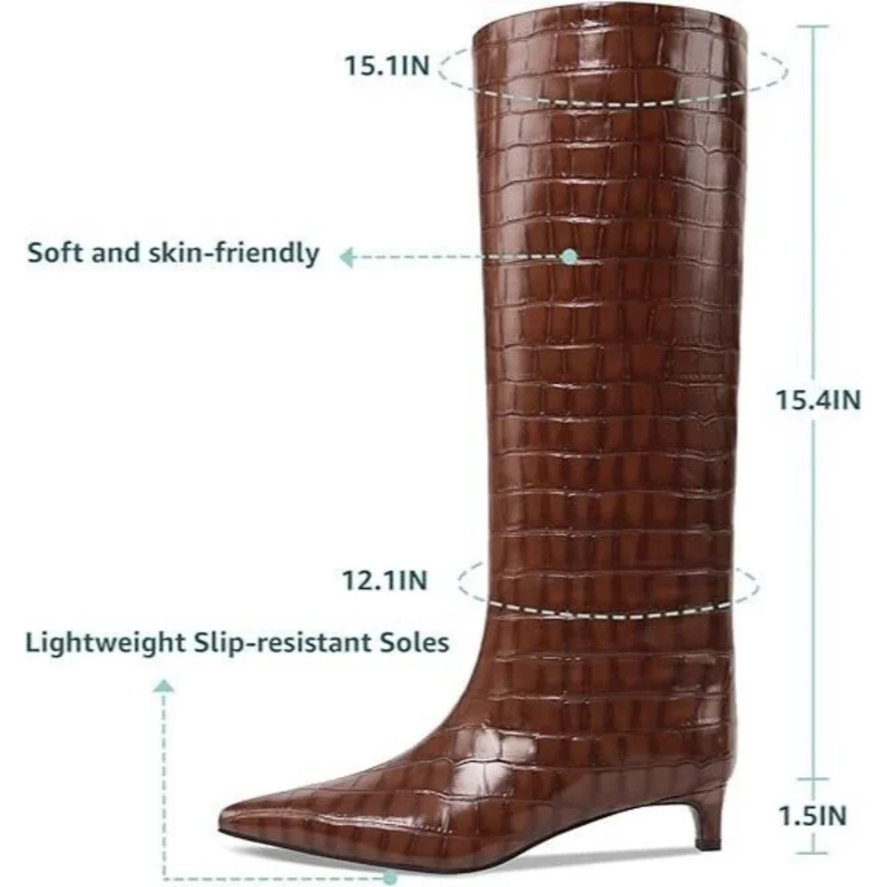 COMJUY Winter Womens Leather High Heels Stone Pattern Pointed Toe Knee  US7.5